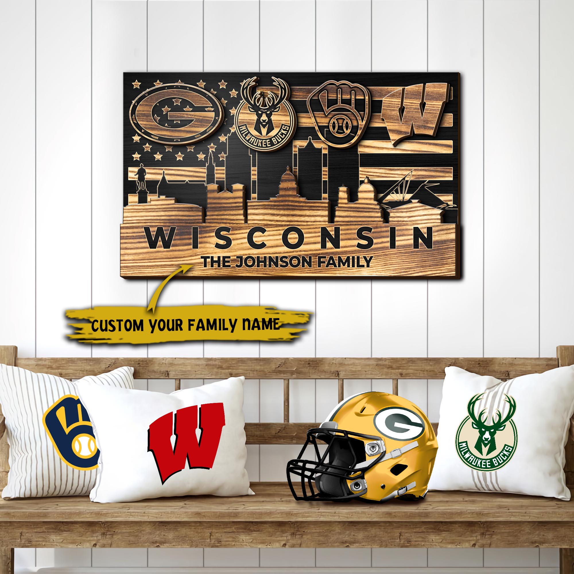 Wisconsin 2 Layers Wood Sign Custom Your Family Name, Wisconsin Team Sign, Sport Gifts, Sport Home Decor ETRG-59805